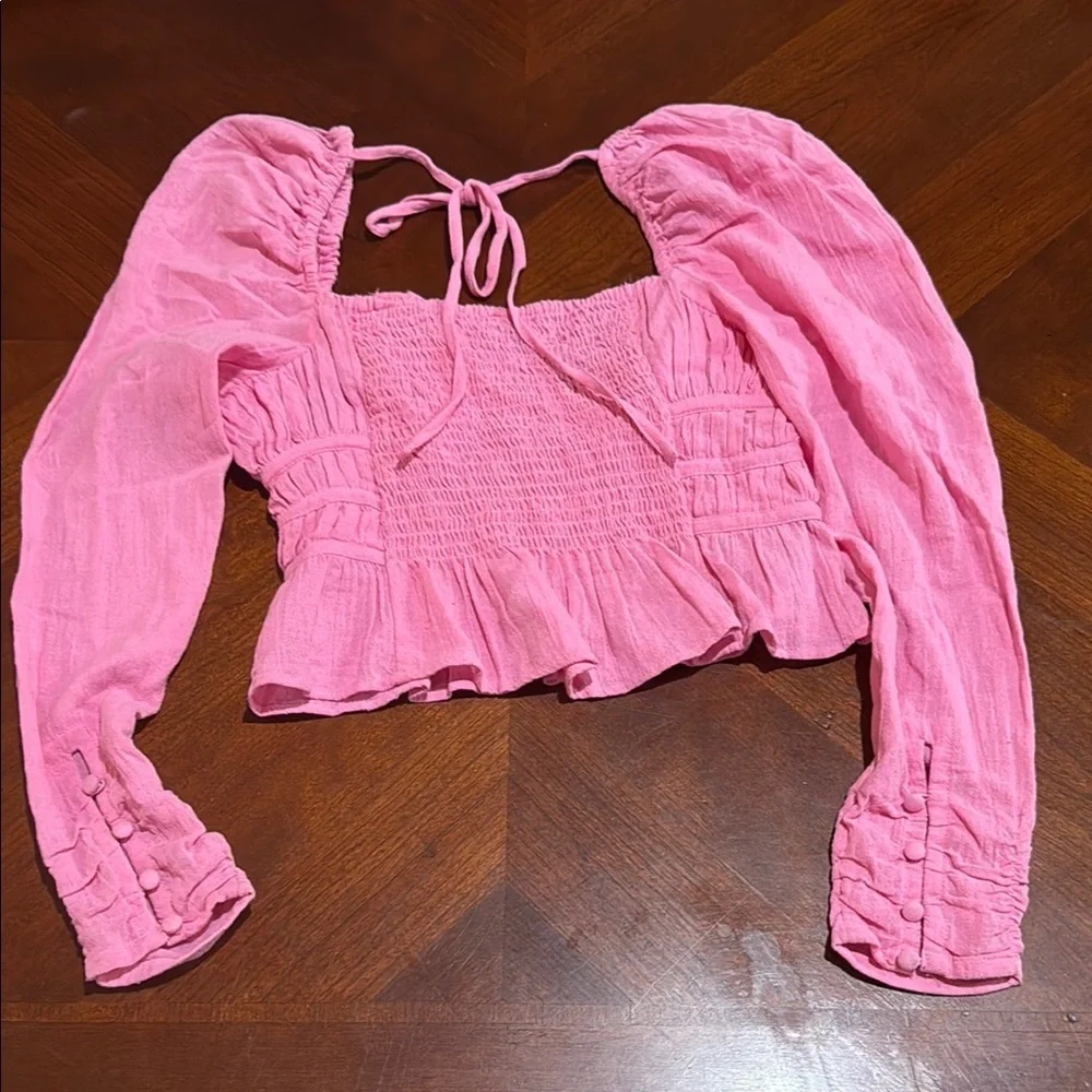 Free People Pink Long Sleeve Smocked Crop Blouse Chloe coquette sweetheart